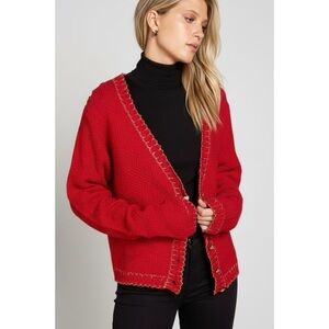 POL Red Cardigan | Gold Trim Button Front